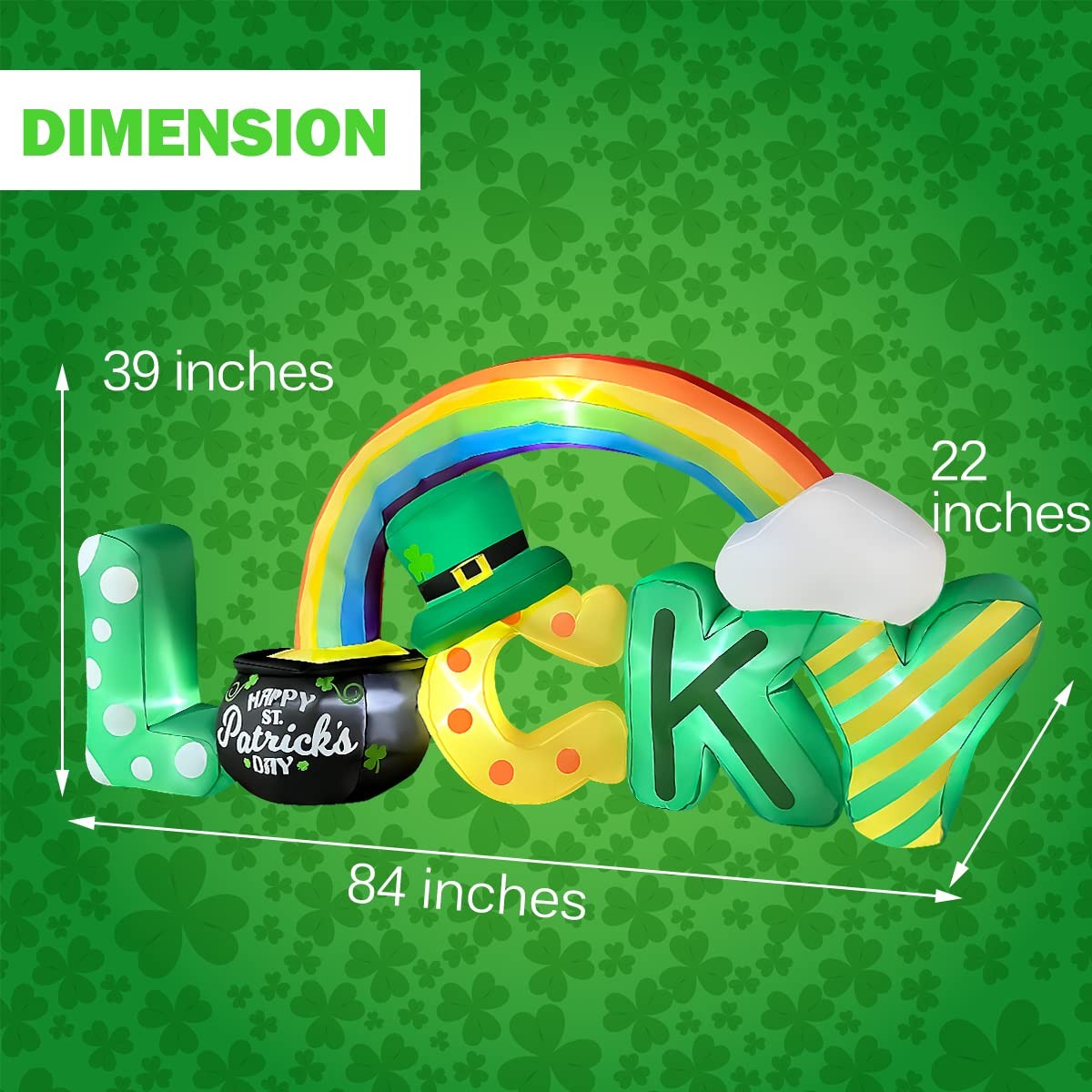 6.5 Ft Long St Patricks Day Inflatables Lucky Letters with Gold Pot and Rainb...