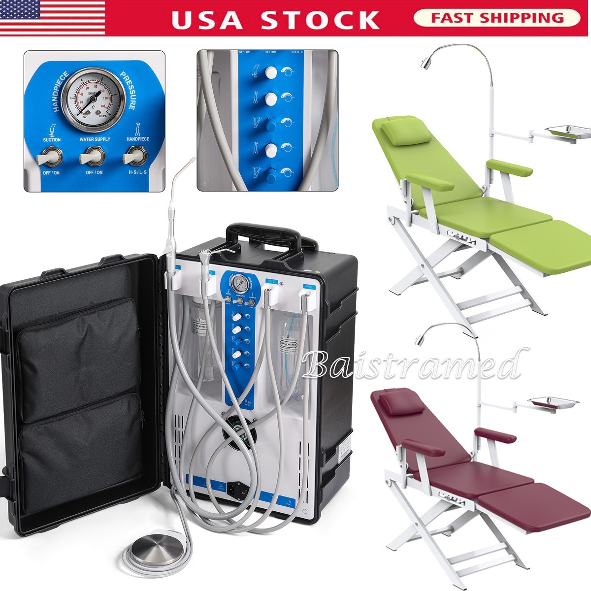 Sillón Dental Plegable Portátil con Unidad, Compresor y Sistema de Succión