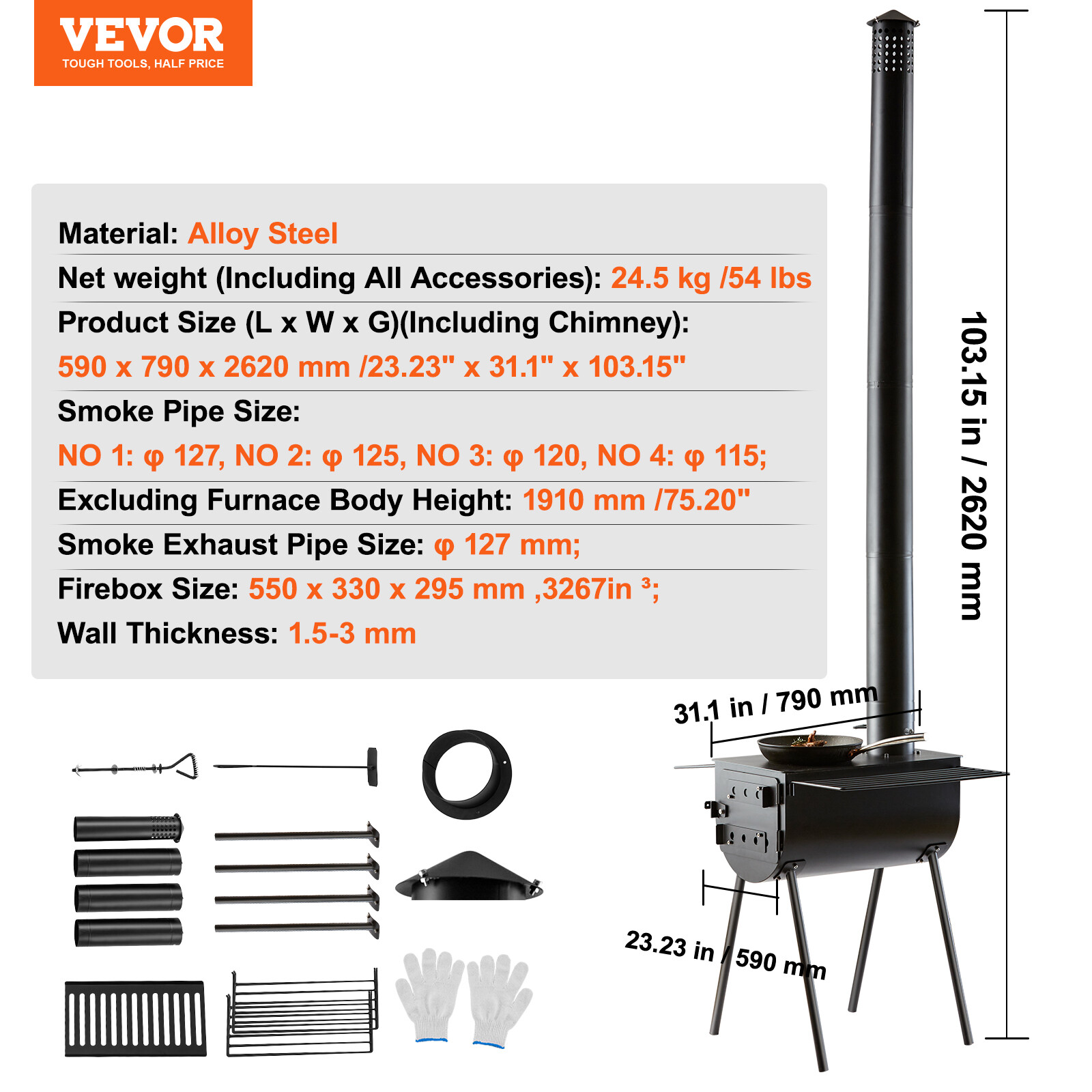 VEVOR Portable Wood Stove Camping Hot Tent BBQ Stove 118 in for Outdoor w/ Pipes