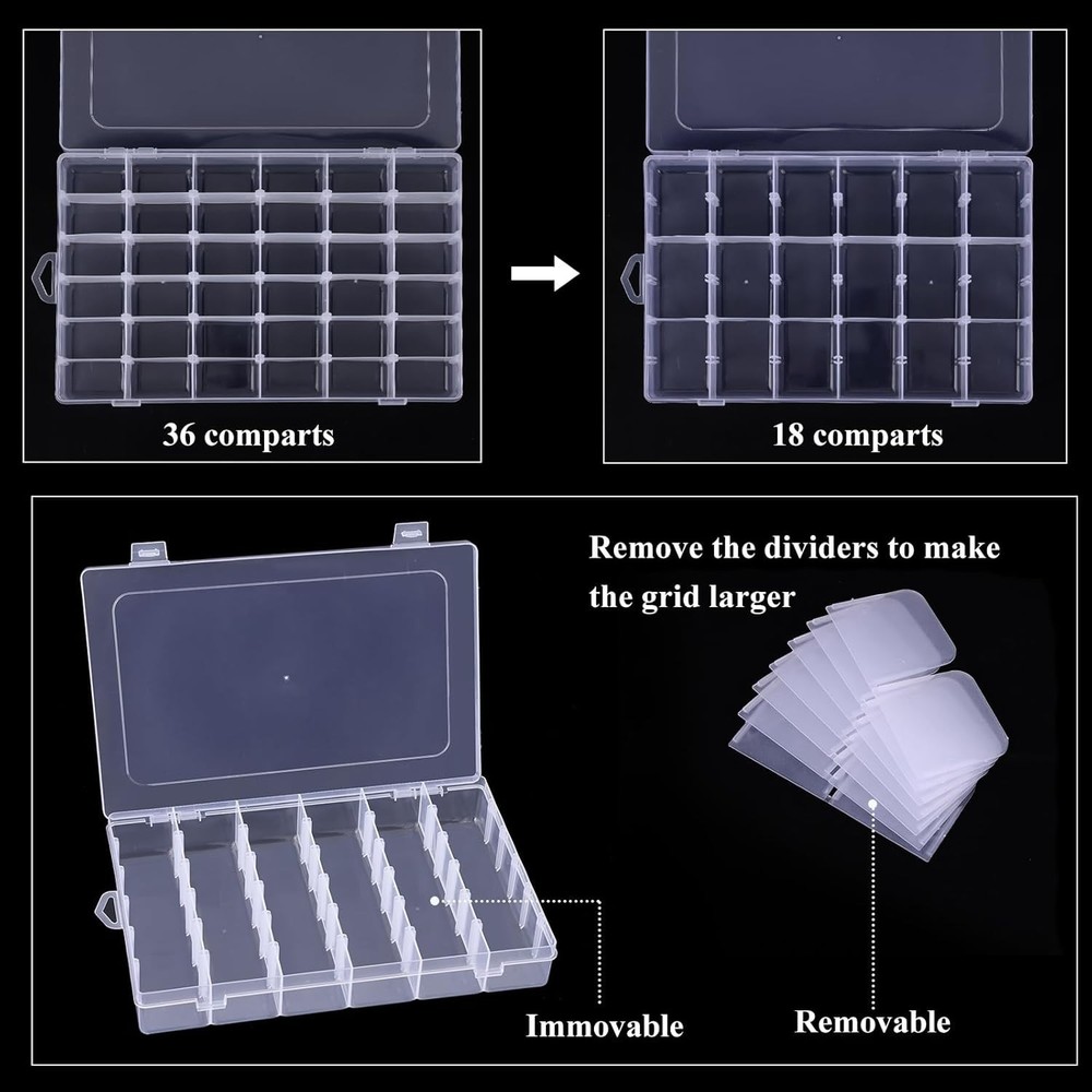 4 Pack 36 Grid Clear Bead Organizer Boxes with Adjustable Compartments & Labels