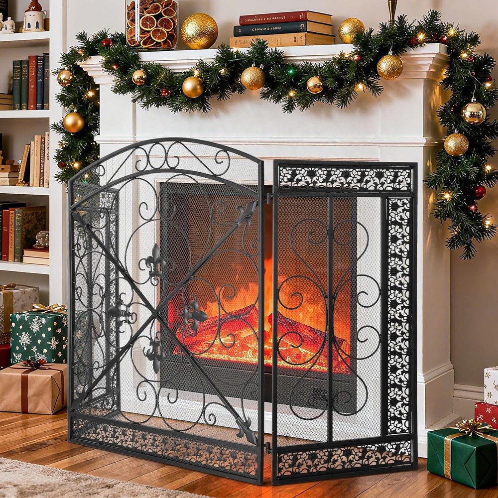Fireplace Screen 3 Panel Cover Stand Alone Unit for Flexible Placement and Use