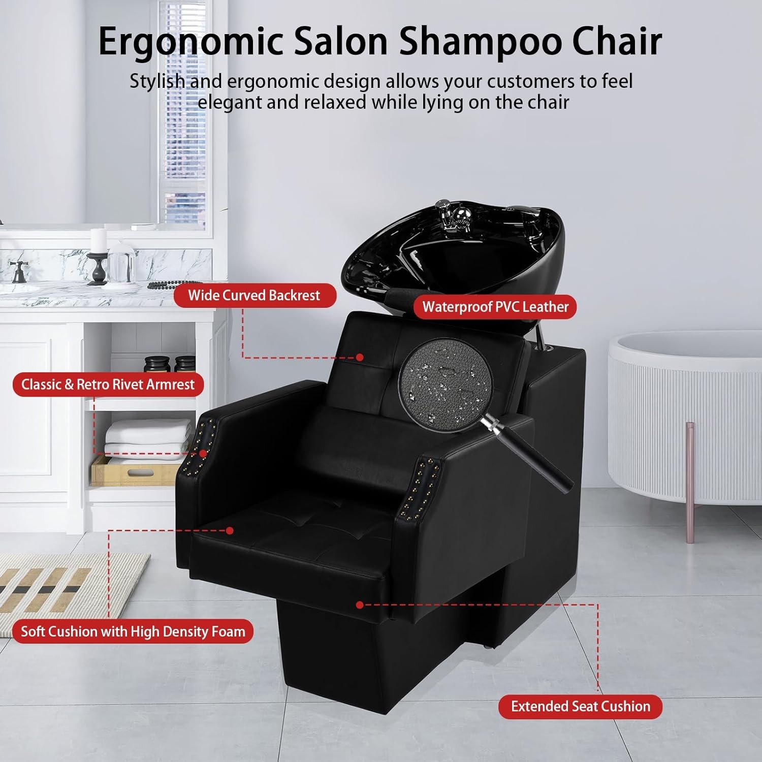 New Adjustable Height Shampoo Bowl & Chair, Ceramic Salon Backwash Station Black