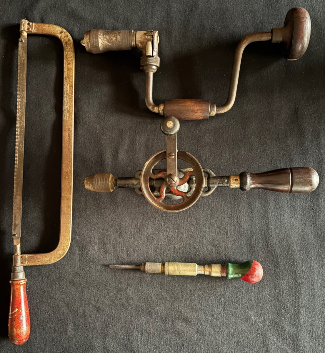 Antique Hand Tools-Hacksaw/Brace Drill/Eggbeater Drill/Spiral Rachet Screwdriver