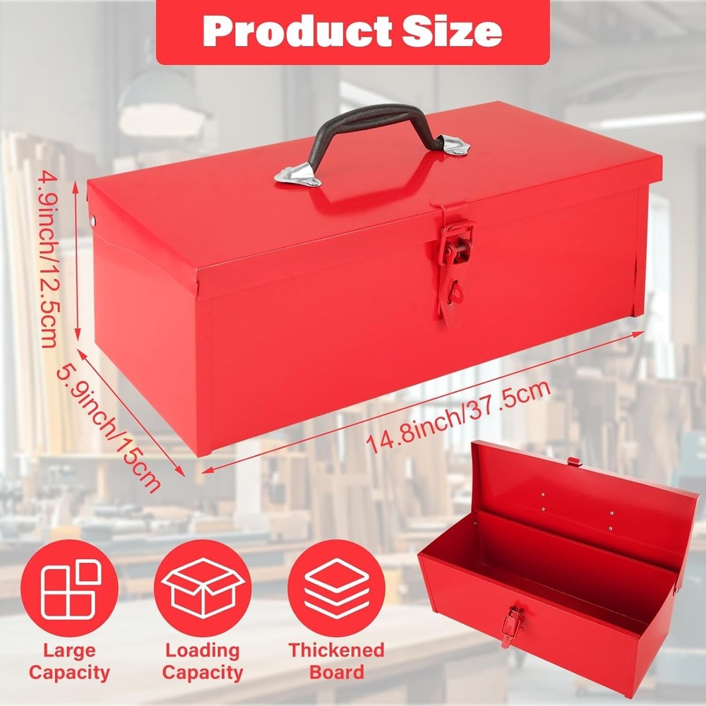 Durable 15-Inch Mini Steel Toolbox - Classic Red with Comfortable Grip Handle