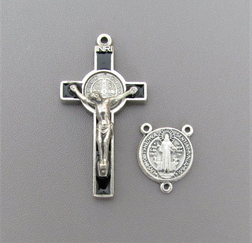 Small 2 pc Set Rosary CENTERPIECE & CRUCIFIX ITALY St Saint BENEDICT L112 BLACK
