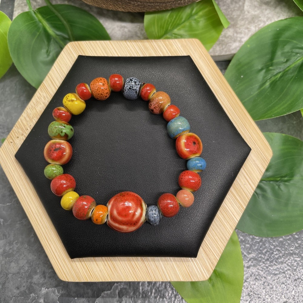 Handmade Ceramic Bead Beaded Stackable 5.5” Plus Stretch Bracelet New B2