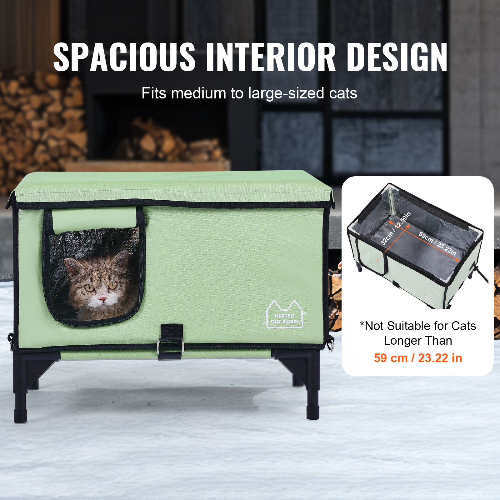 Elevated Heated Cat House Cuboid Kitty Shelter with Heated Pad Green (L)