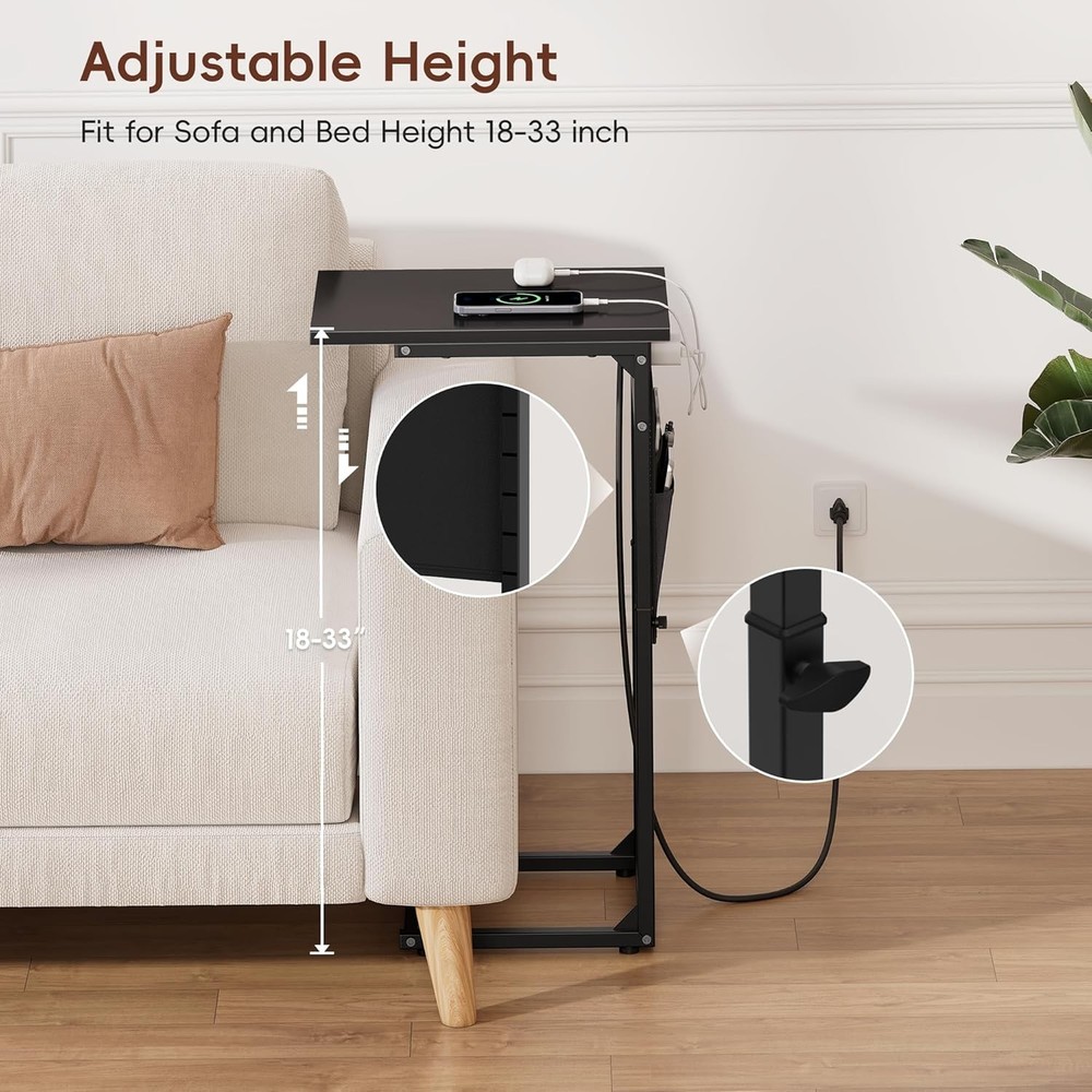 C Shaped End Table with Charging Station Adjustable Height Side Table for Sofa