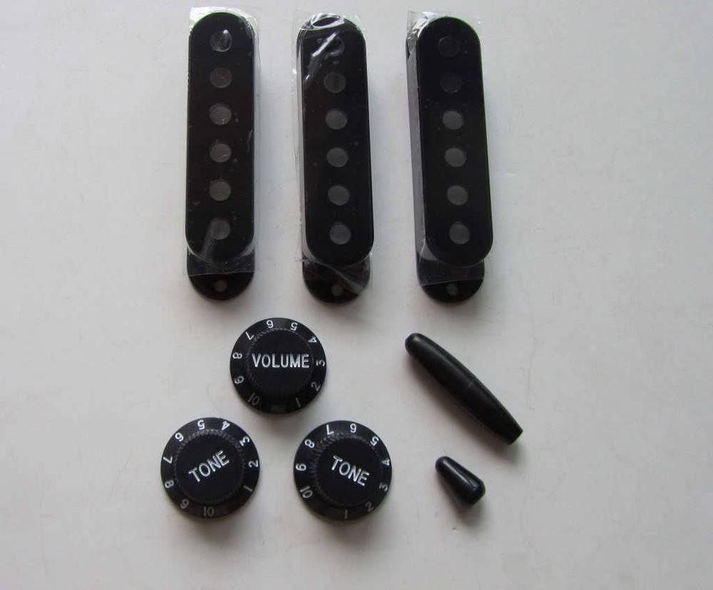 KAISH Black ST Pickup Covers ST Knobs Switch,Trem Arm Tip for Strat