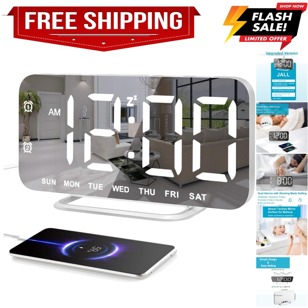 Slim LED Digital Alarm Clock, Mirror Surface for Makeup, with Diming, Large D...