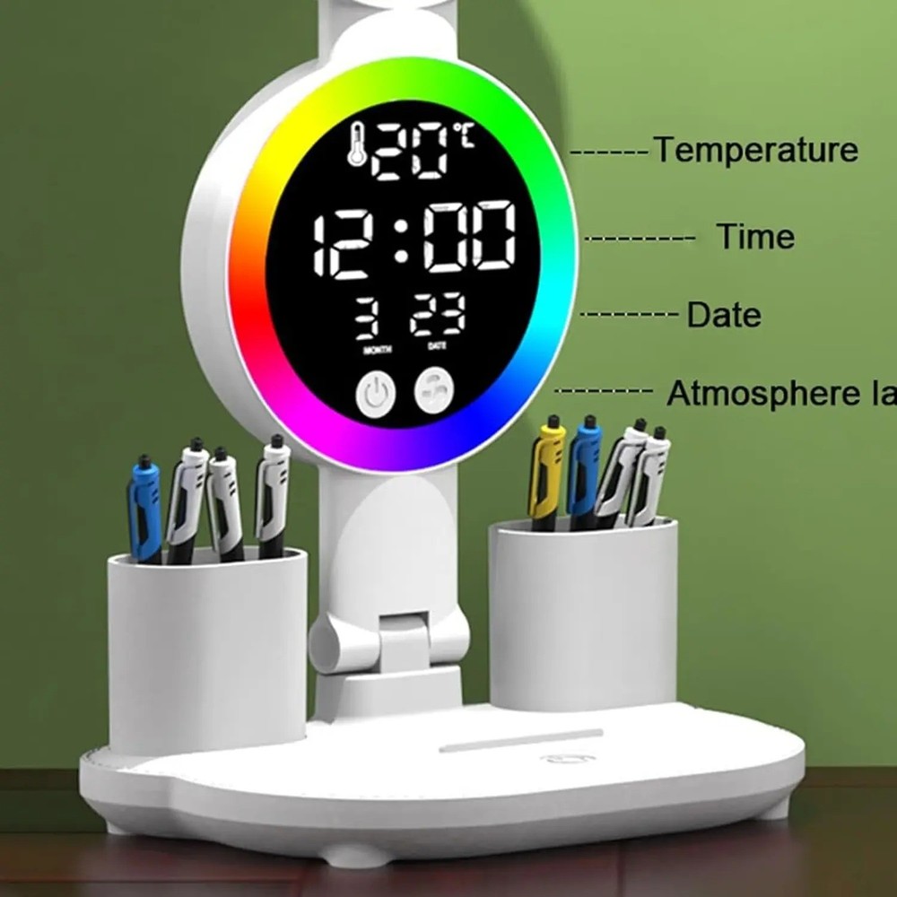 LED Desk Light Dimmable Reading Night Lamp USB Rechargeable Touch Sensor w/Clock