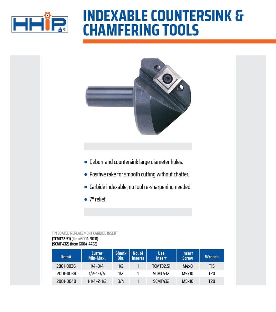 1/2-1-3/4 Inch Indexable Countersink & Chamfer Tool, 82 Degree