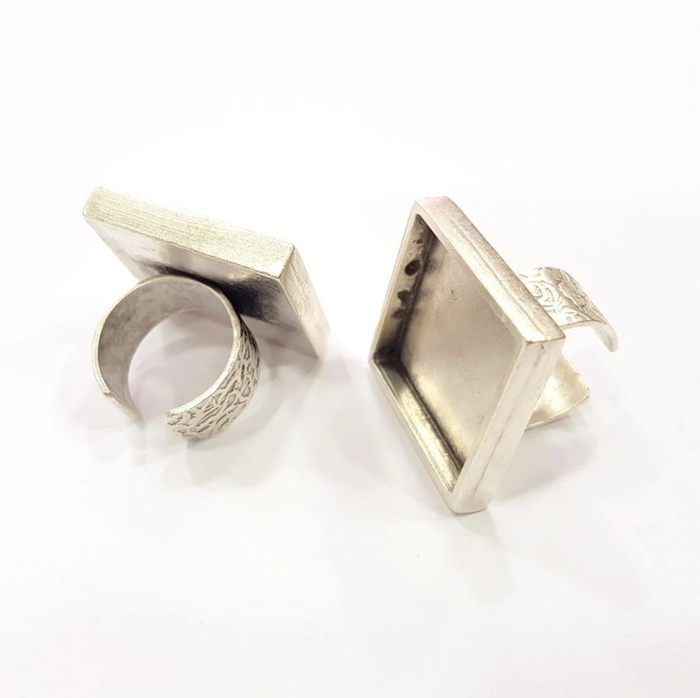 Square Ring Blank Setting Cabochon Base inlay Bezel Adjustable Antique Silver