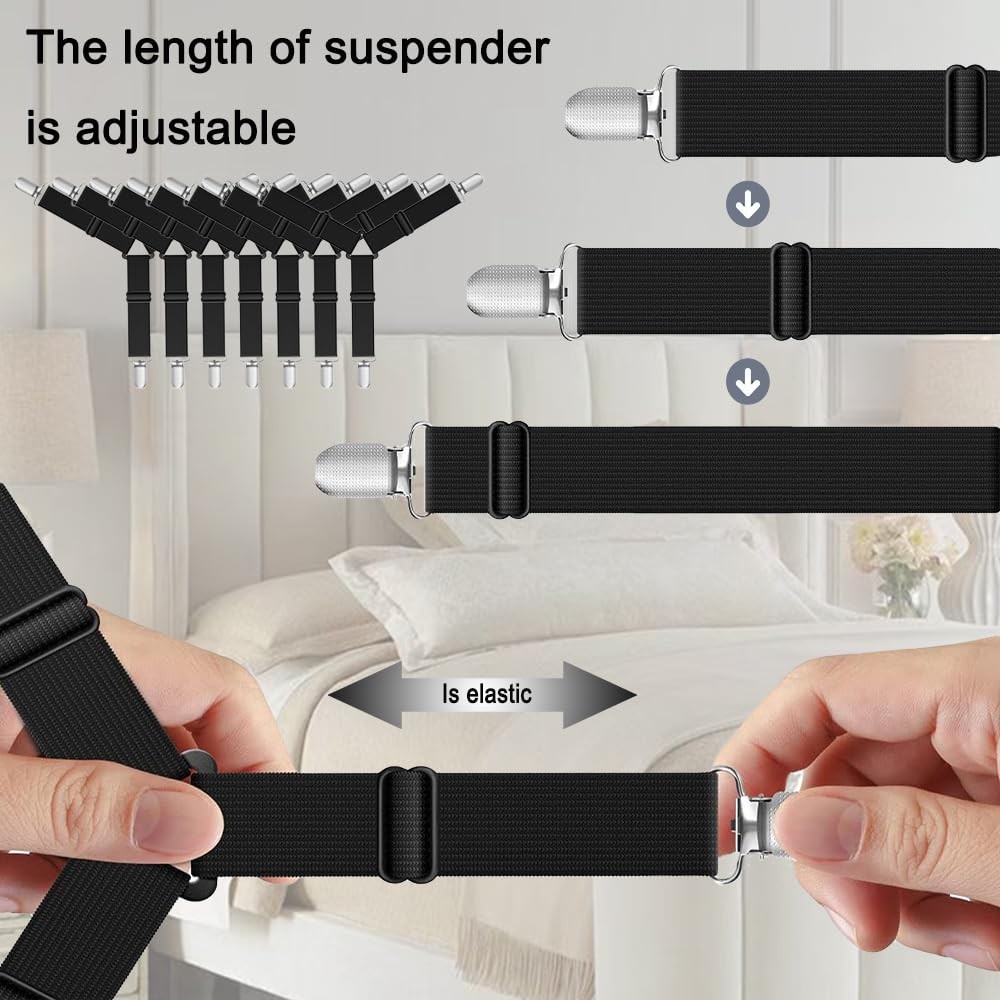 Bed Sheet Holder Straps, Adjustable Elastic Fasteners with Metal Clips, Keep ...