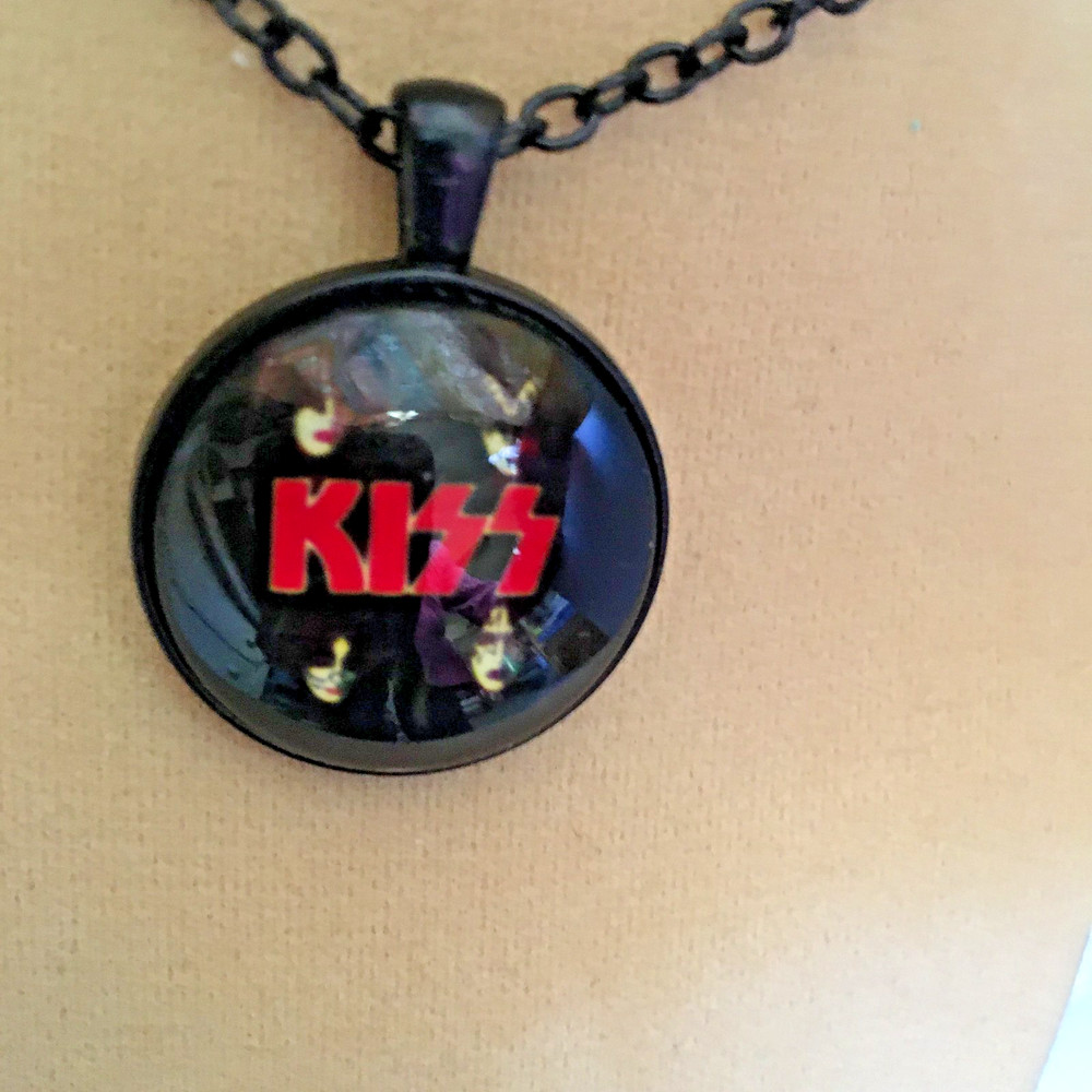 KISS ROCK Band in a Glass Pendant Necklace - 18" Black Chain