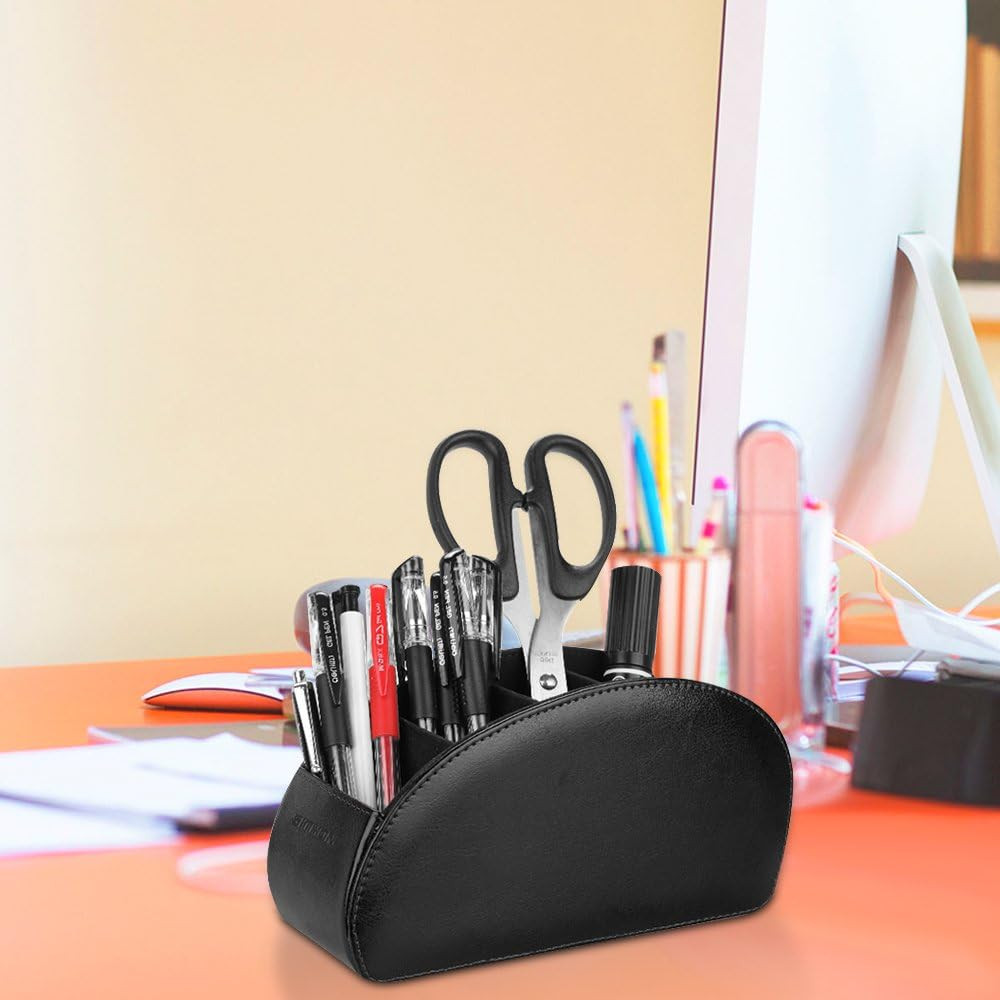 Remote Control Holder with 5 Compartments - PU Leather Remote Caddy Desktop Orga