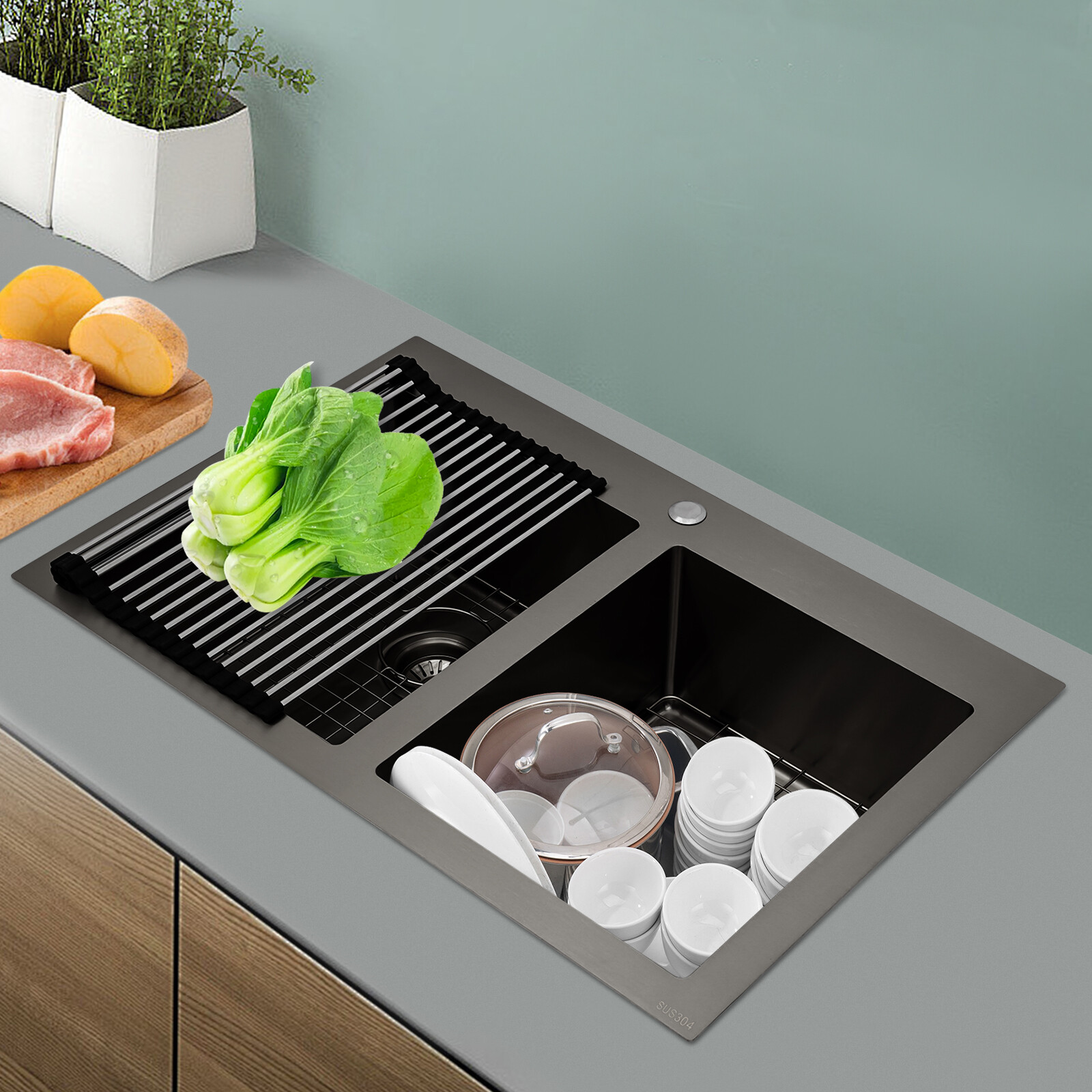 33x22" Drop in Kitchen Sink Double Bowl Gunmetal Black Stainless Steel USA