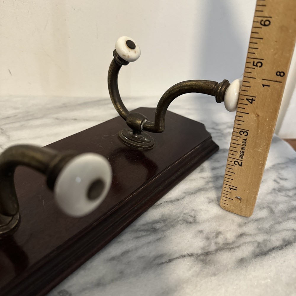 VTG Large Antique Solid Wood Wall Coat Hang Three Brass Hooks Porcelain Knobs