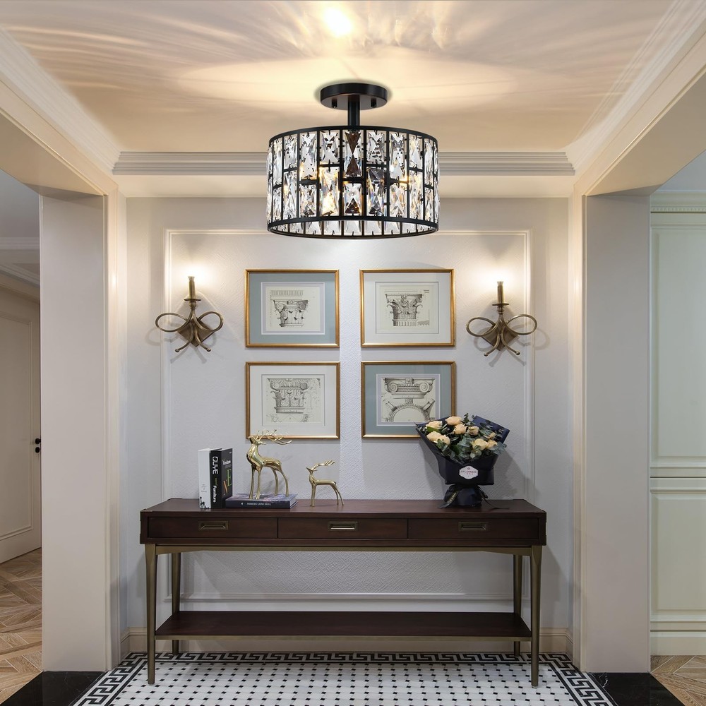 3 Light 12" Crystal Hanging Kitchen Island Ceiling Light Black Finish,Concise...