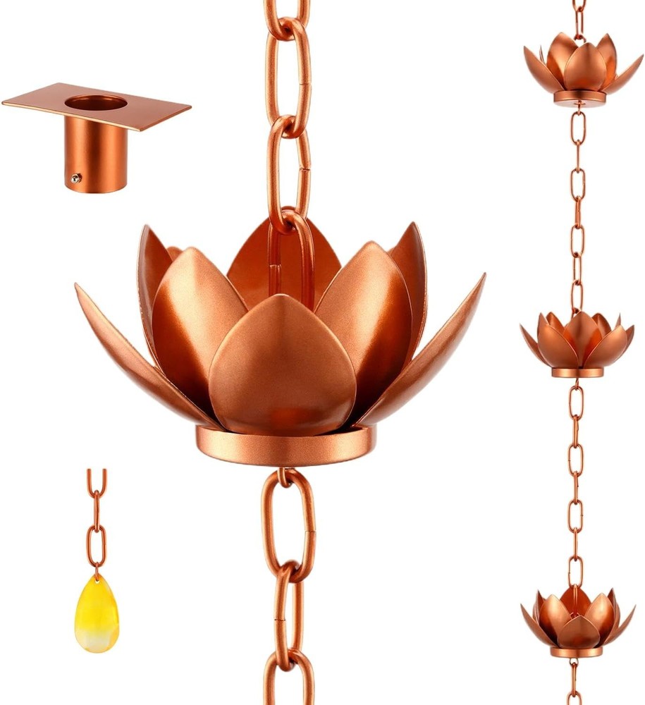 Oak Leaf Rain Chain 8.5ft Adjustable Lotus Gutter Downspout Copper Coated