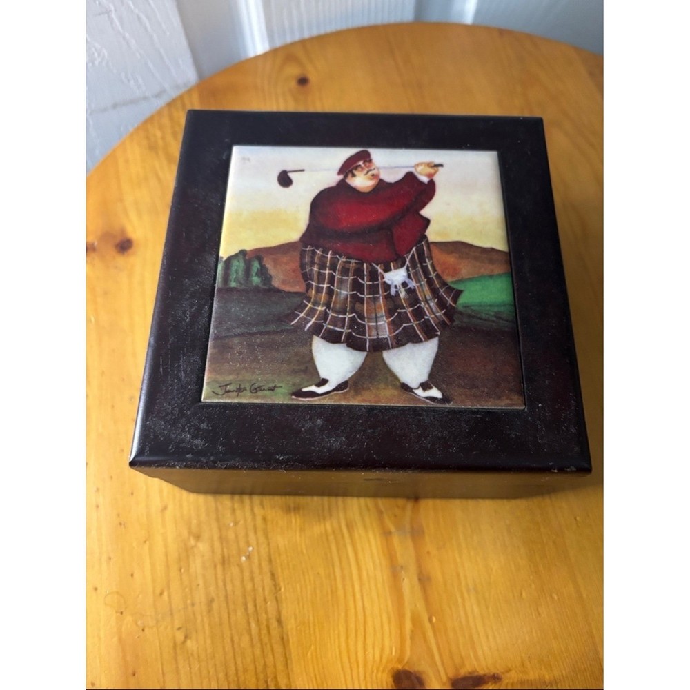 Decorative Cherry Wood Keepsake Box with Golfer Tile Coasters (4)