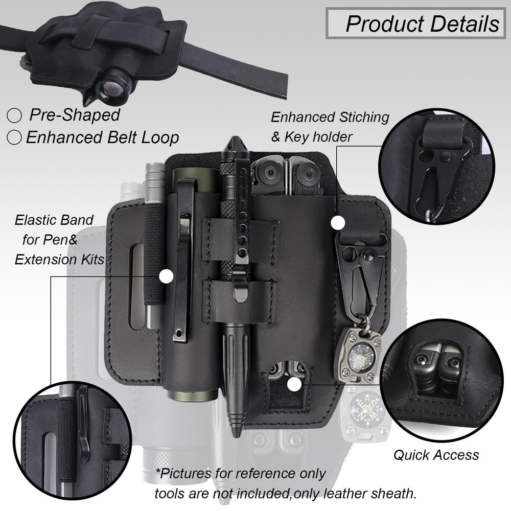 Topstache Multitool Sheath for Belt - EDC Organizer - Leather Black