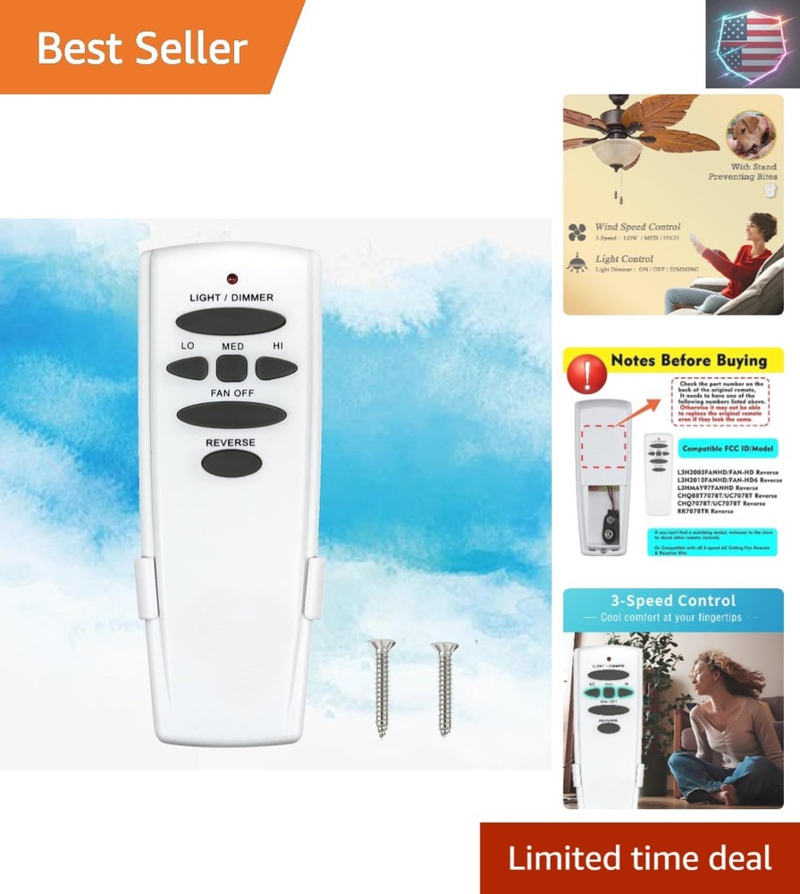 Ceiling Fan Remote Replacement - Reverse, 3-Speed & Light Dimmer for Hampton ...