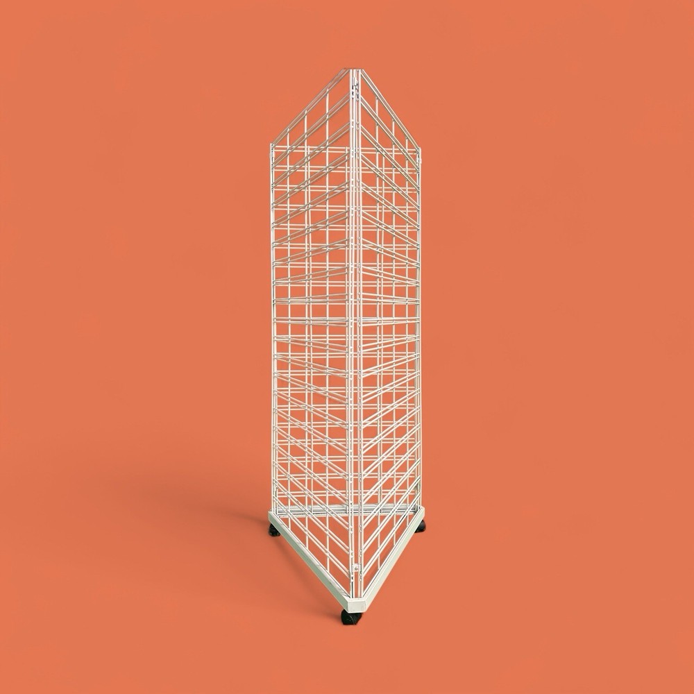 Wire Grid Triangle Tower Display Rack Casters Rolling Casters White 2' x 6 ½' H