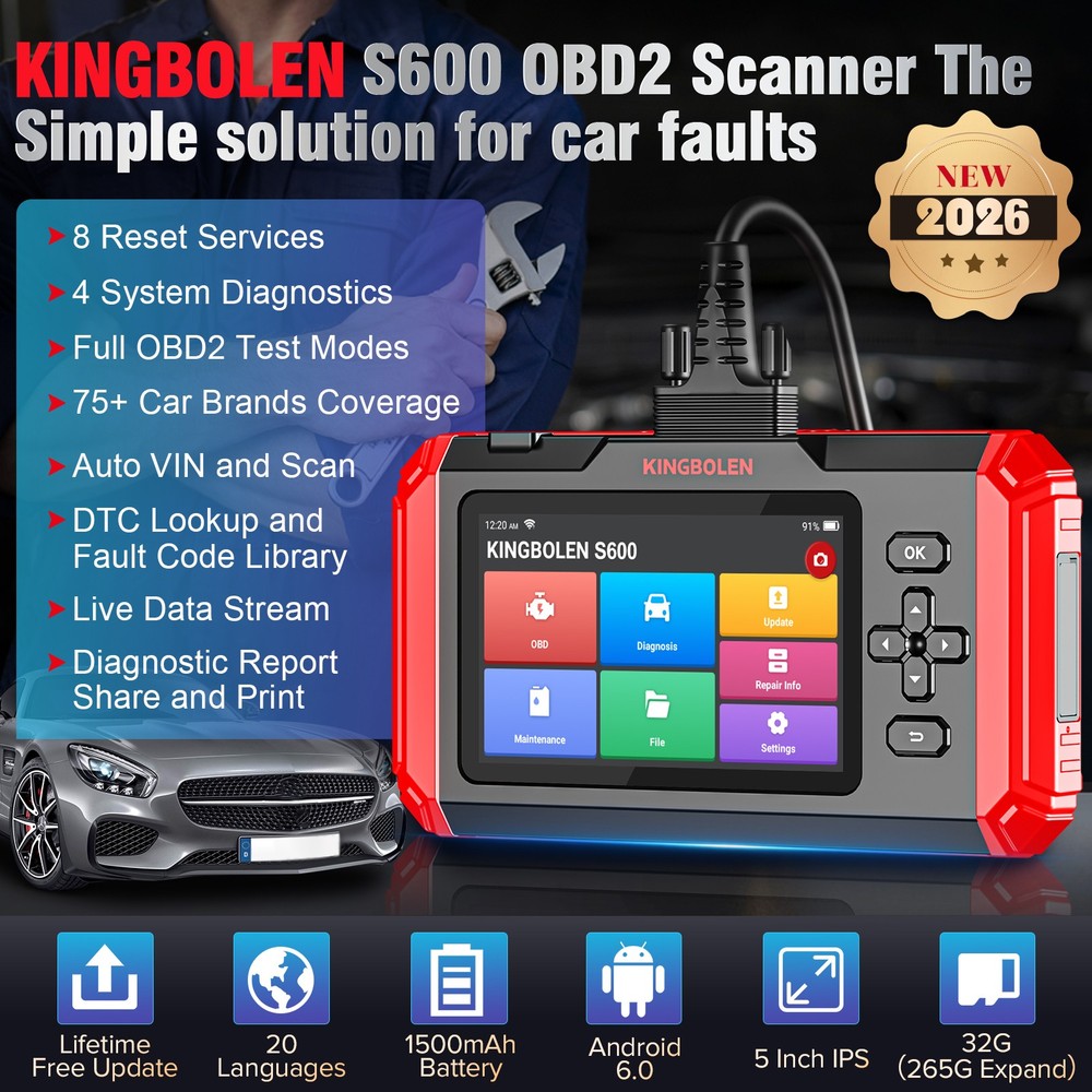 2026 Kingbolen S600 Car OBD2 Scanner Code Reader Diagnostic Tool Engine ABS AT