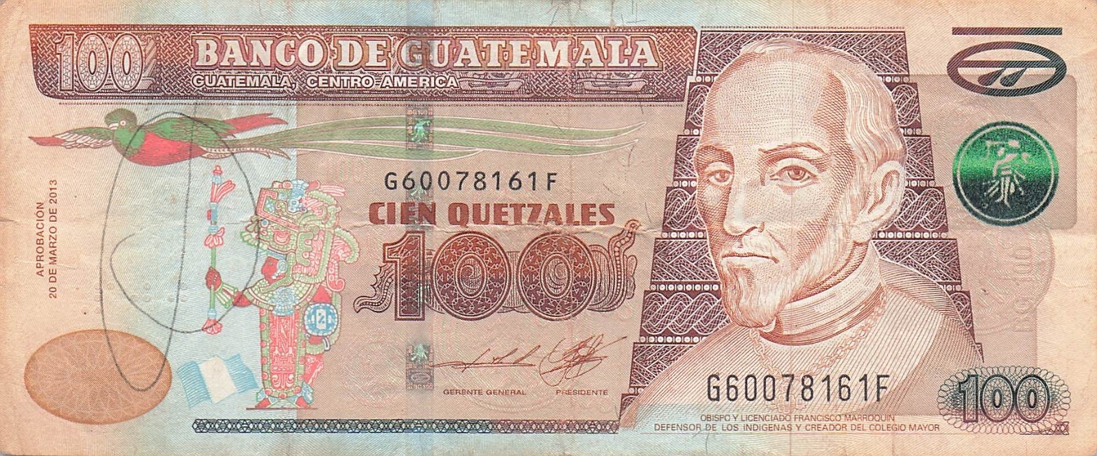 Guatemala 100 Quetzales 20.3.2013 Series G-F Circulated Banknote RR 8