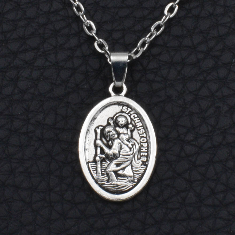 Saint St Christopher Protect Us Oval Silver Medal Pendant Necklace 18" Chain