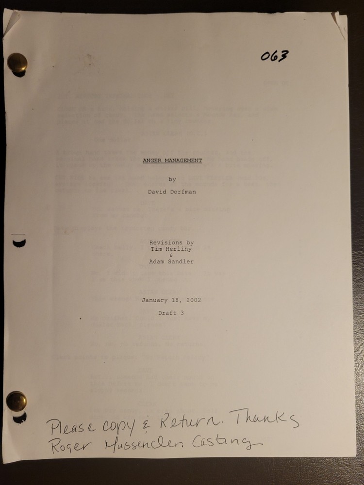 Adam Sandler ANGER MANAGEMENT Original 2002 Movie Script - Draft 3 Casting Copy