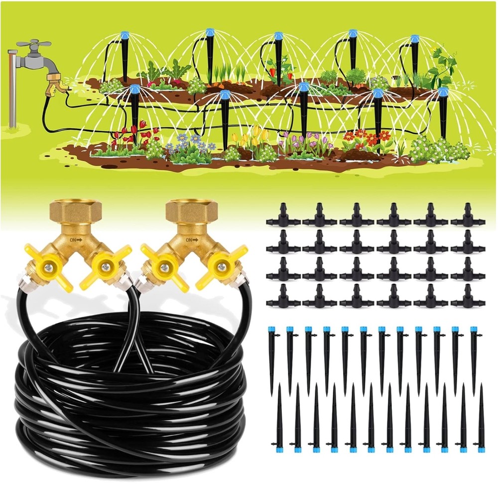 Durable 100ft Drip Watering Kit - Brass Splitter Designed for Garden Versatility