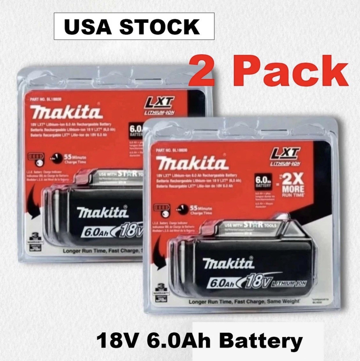 2 x Makita BL1860B-2 18V LXT Lithium-Ion 6.0 Ah Battery - New - USA SHIP
