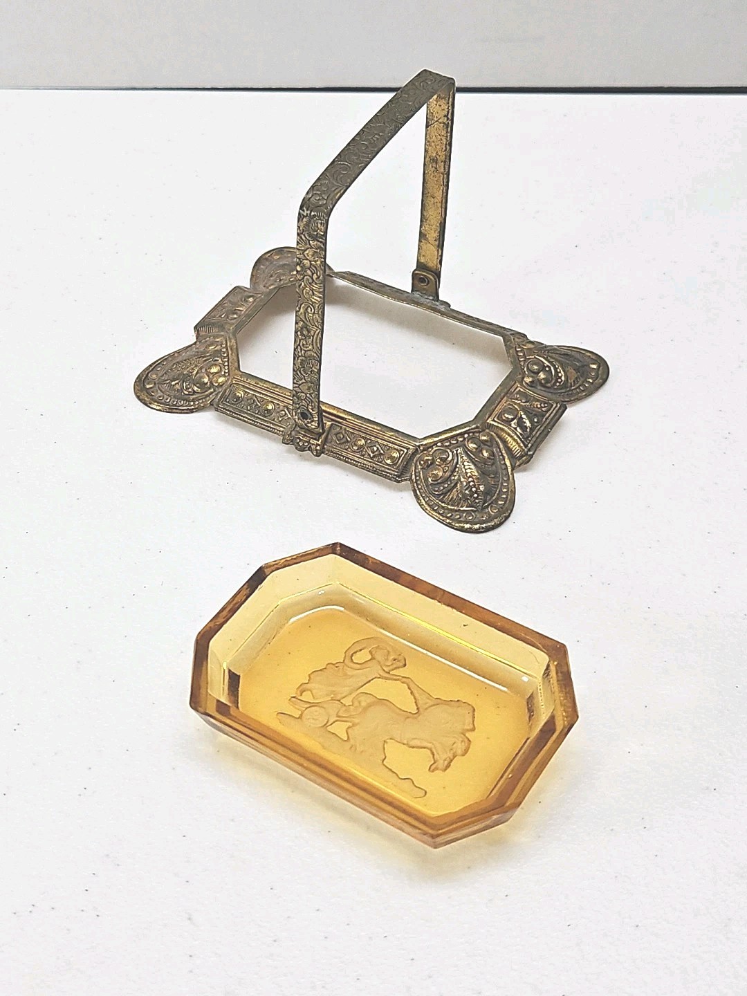 Antique Czech Amber Glass Salt Cellar Intaglio Design Ornate Brass Holder RARE