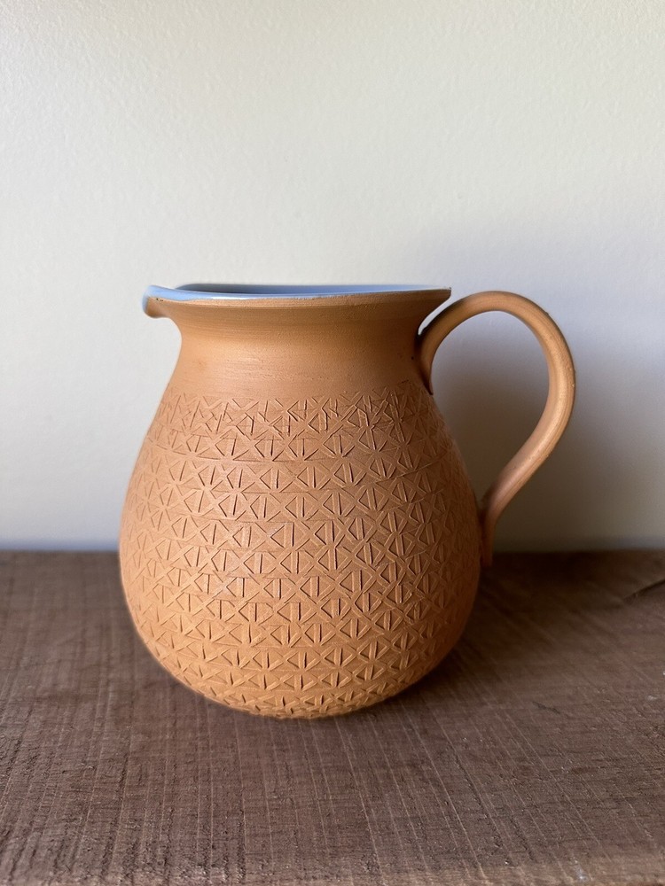Vintage Terracotta Pitcher With Blue Glazed Interior