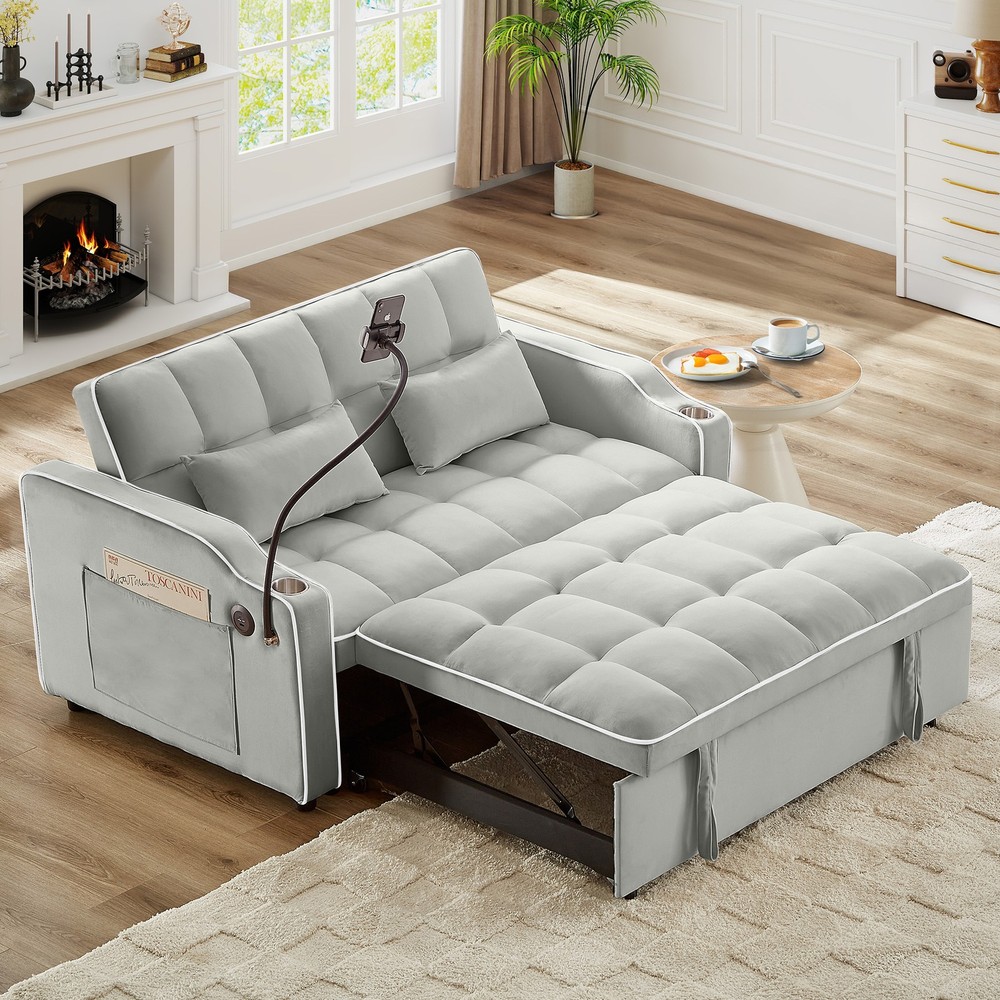 Versatile Foldable Double Seat Recliner,Comfortable Velvet Pull-Out Sleeper Sofa