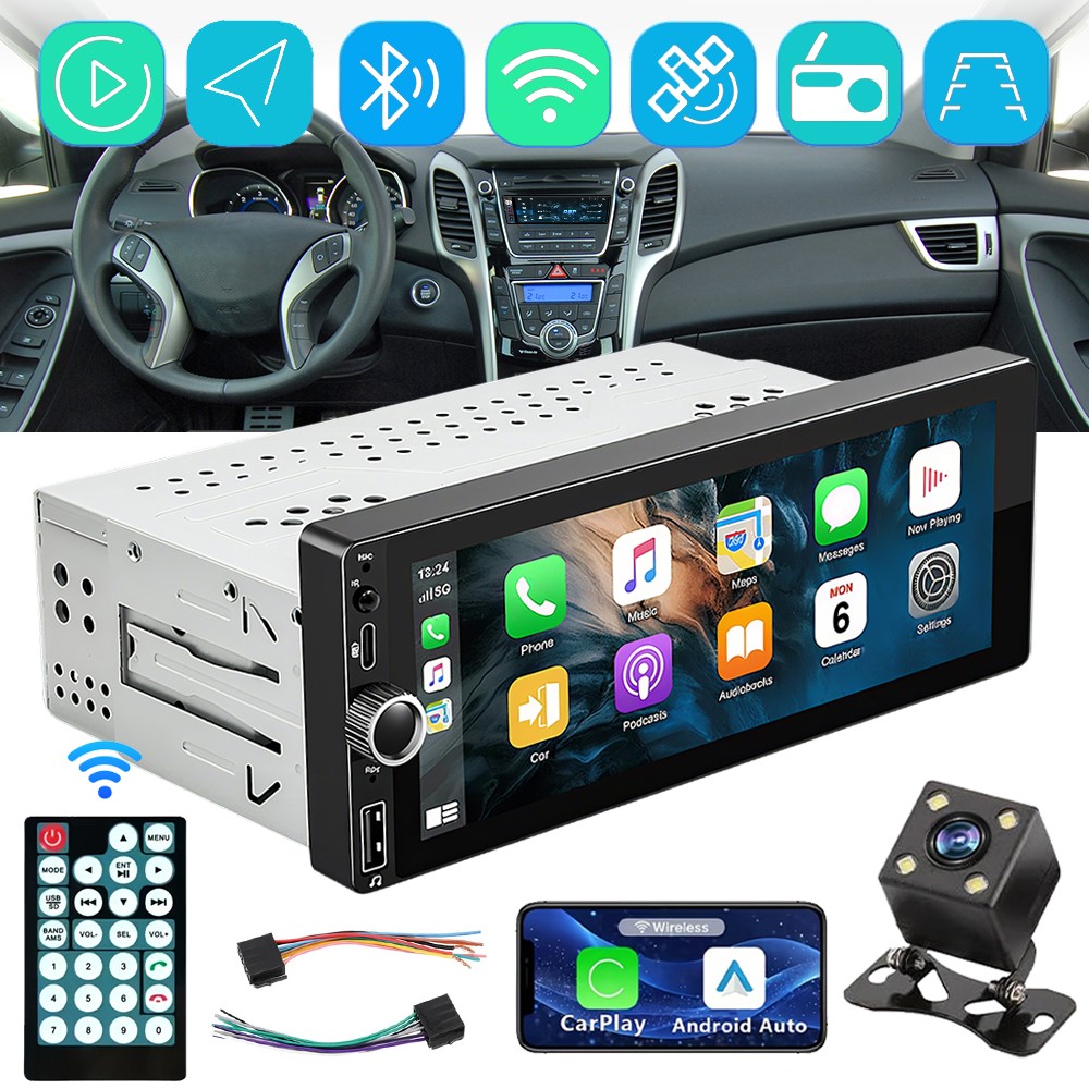 Single 1 Din Car Stereo Wireless CarPlay 6.8" Touchscreen Bluetooth Radio FM USB