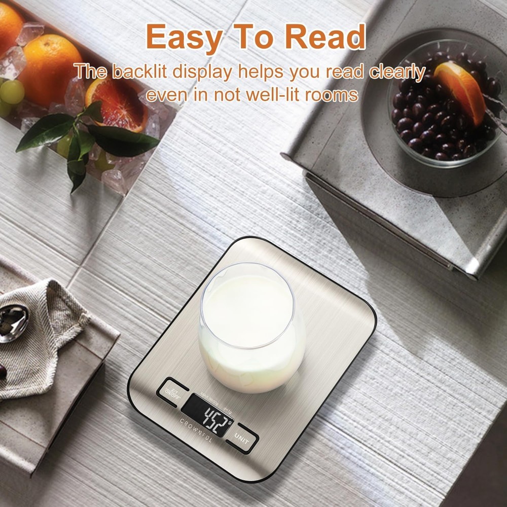 Precision Digital Kitchen Scale, 11 lb Capacity, Tare Function, Stainless Steel