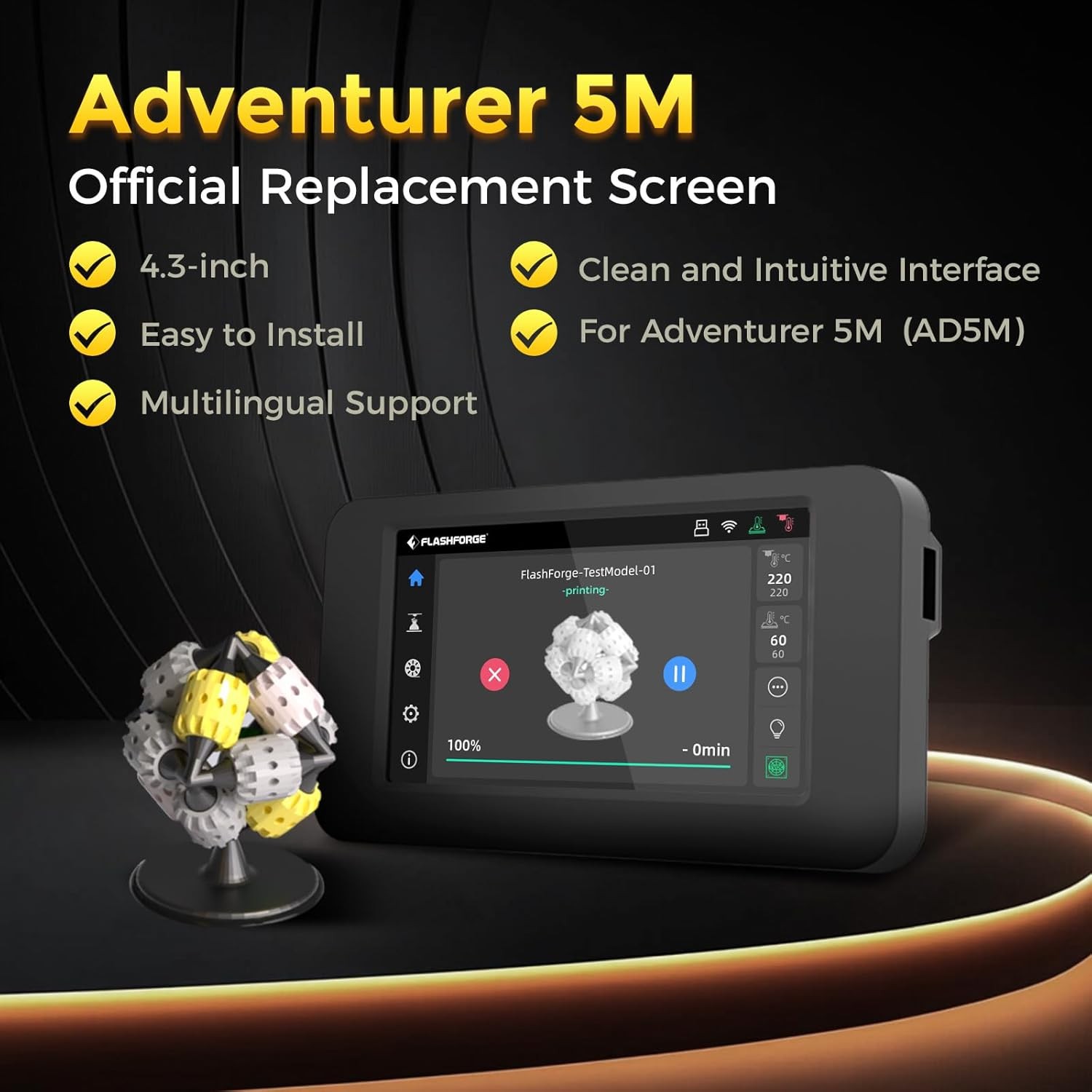 FLASHFORGE Adventurer 5M 4.3-Inch Touchscreen Assembly, Effortless Installation