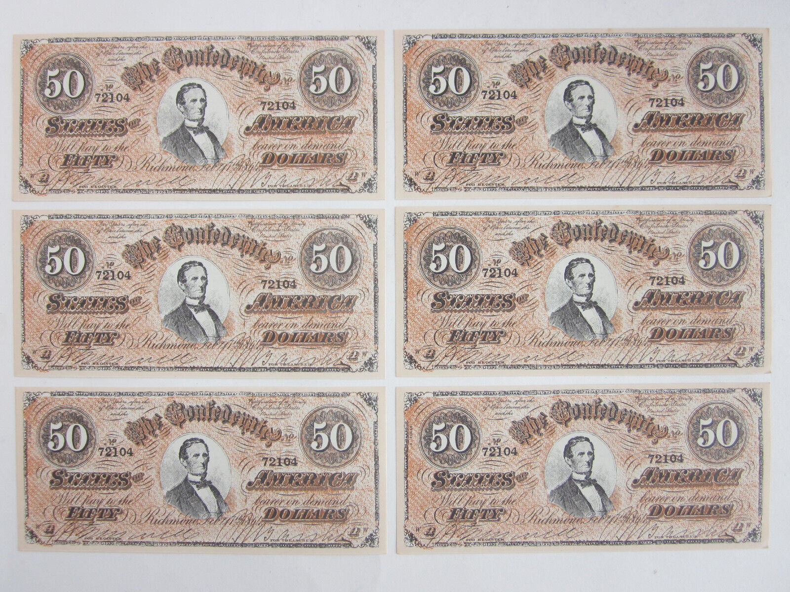 6 CONFEDERATE States $50 Dollar Bill Paper Money Note CIVIL WAR CSA FACSIMILE