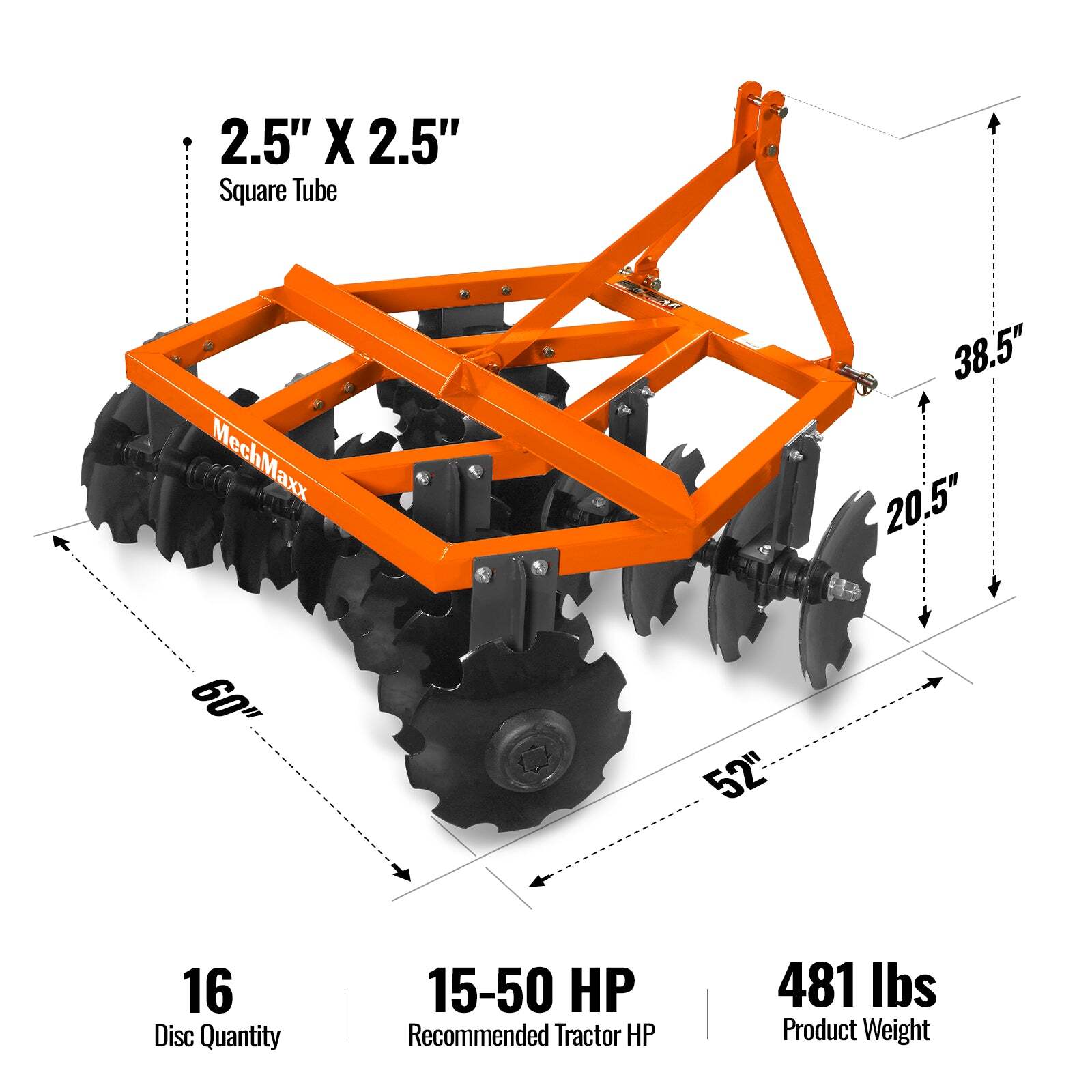 MechMaxx 3 Point Hitch 60" Notched Disc Harrow Plow Tractor Attachments, DH60