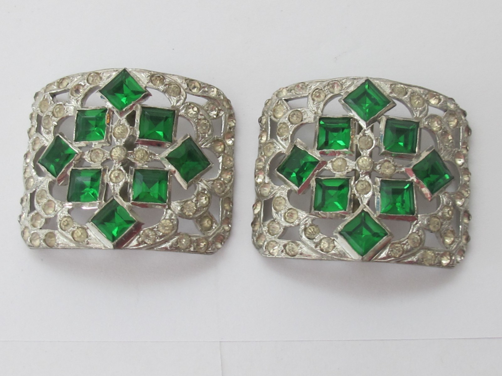 Antique Art Deco Rhinestone Clear & Green Shoe Clips Gorgeous C6
