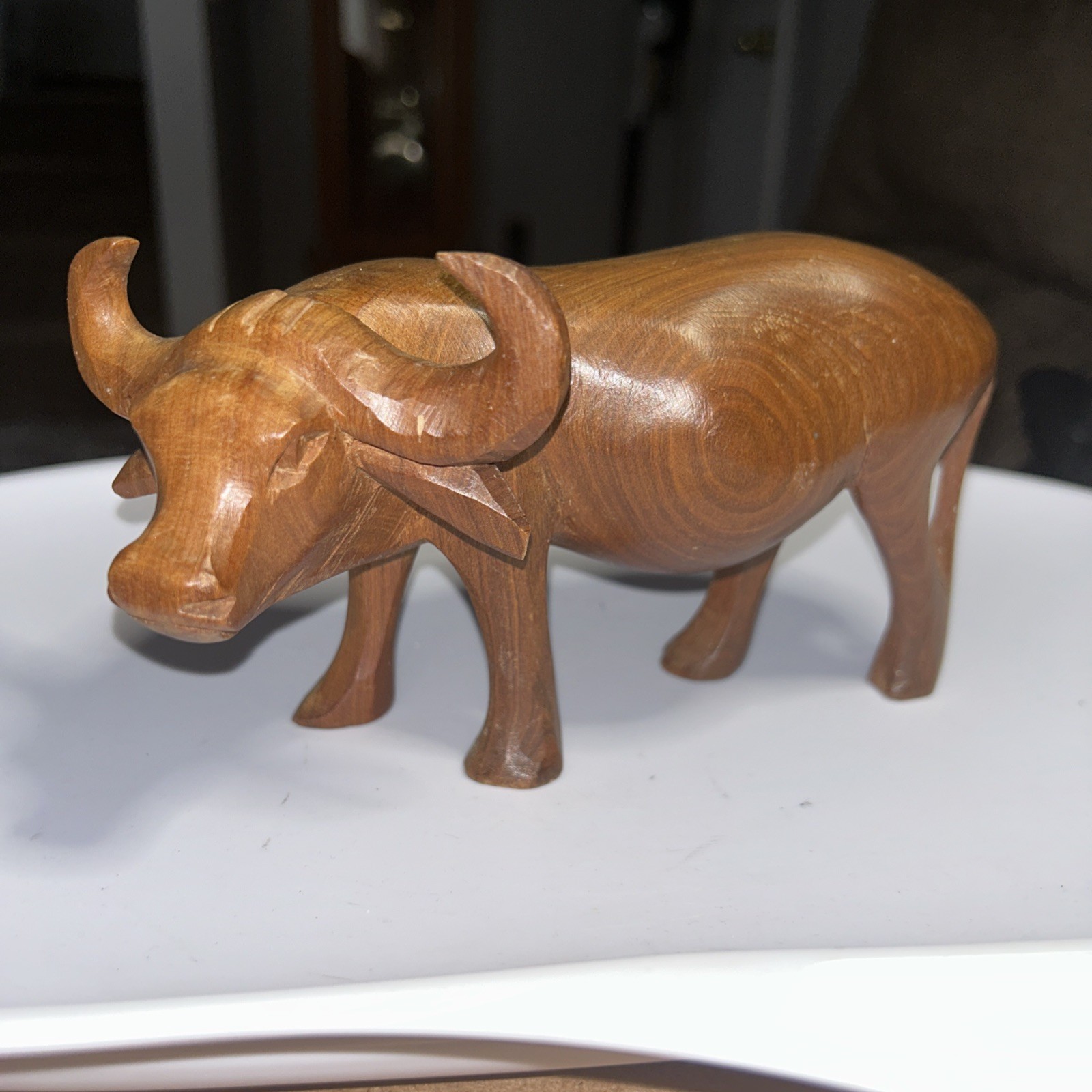 Hand Carved Solid Wood African Water Buffalo Sculpture Wooden Decor Figurine