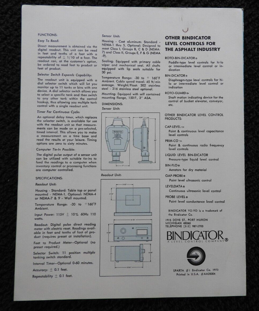 1973 Berwind Corp Bindicator Level Control Engineering Brochures Port Huron MI