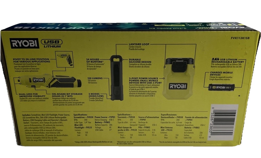 Ryobi usb lithium 3-tool Combo Kit Screwdriver, Mini LED Flashlight, Charger