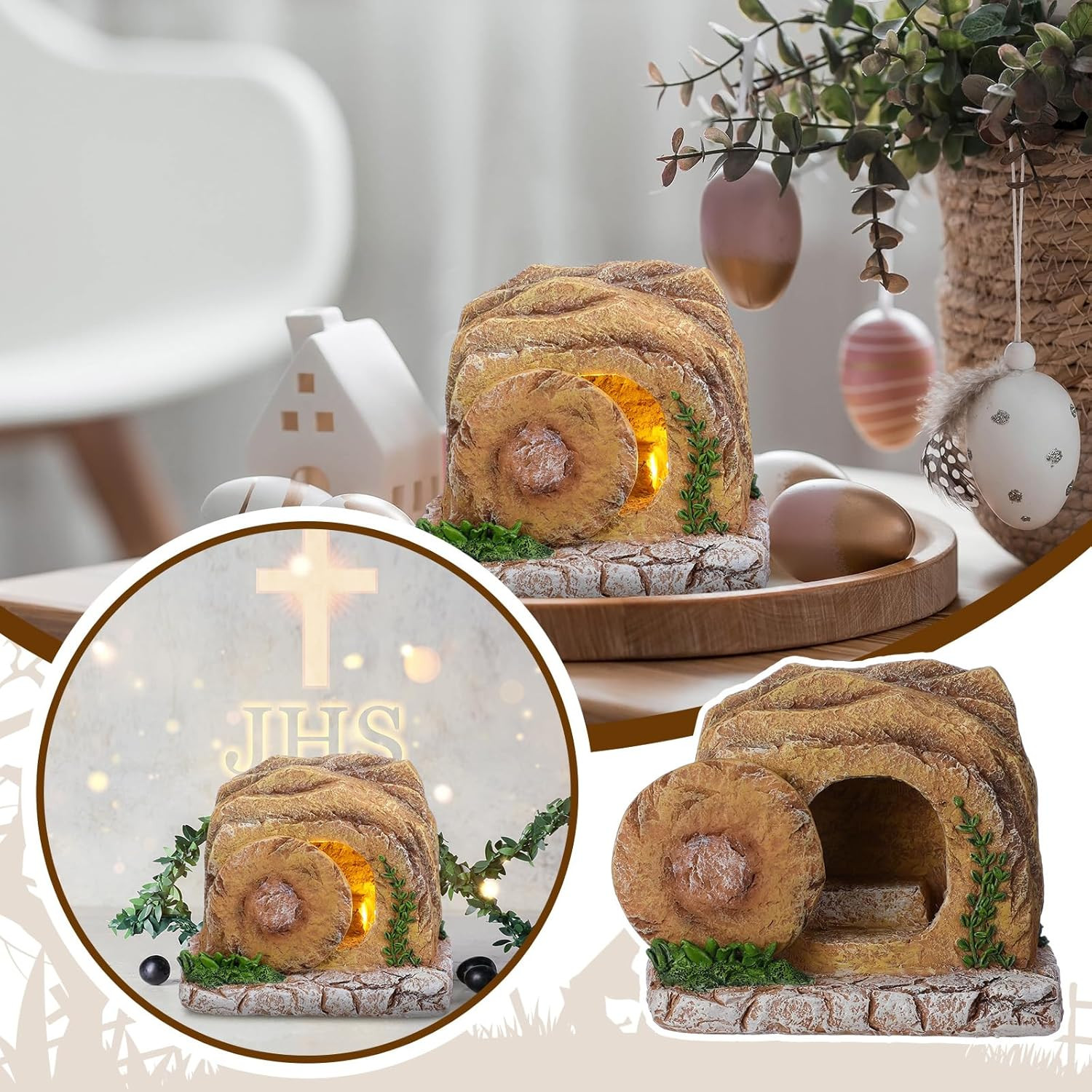 Lighted Easter Empty Tomb Scene Decor Resin Resurrection Tomb Scene with Movable