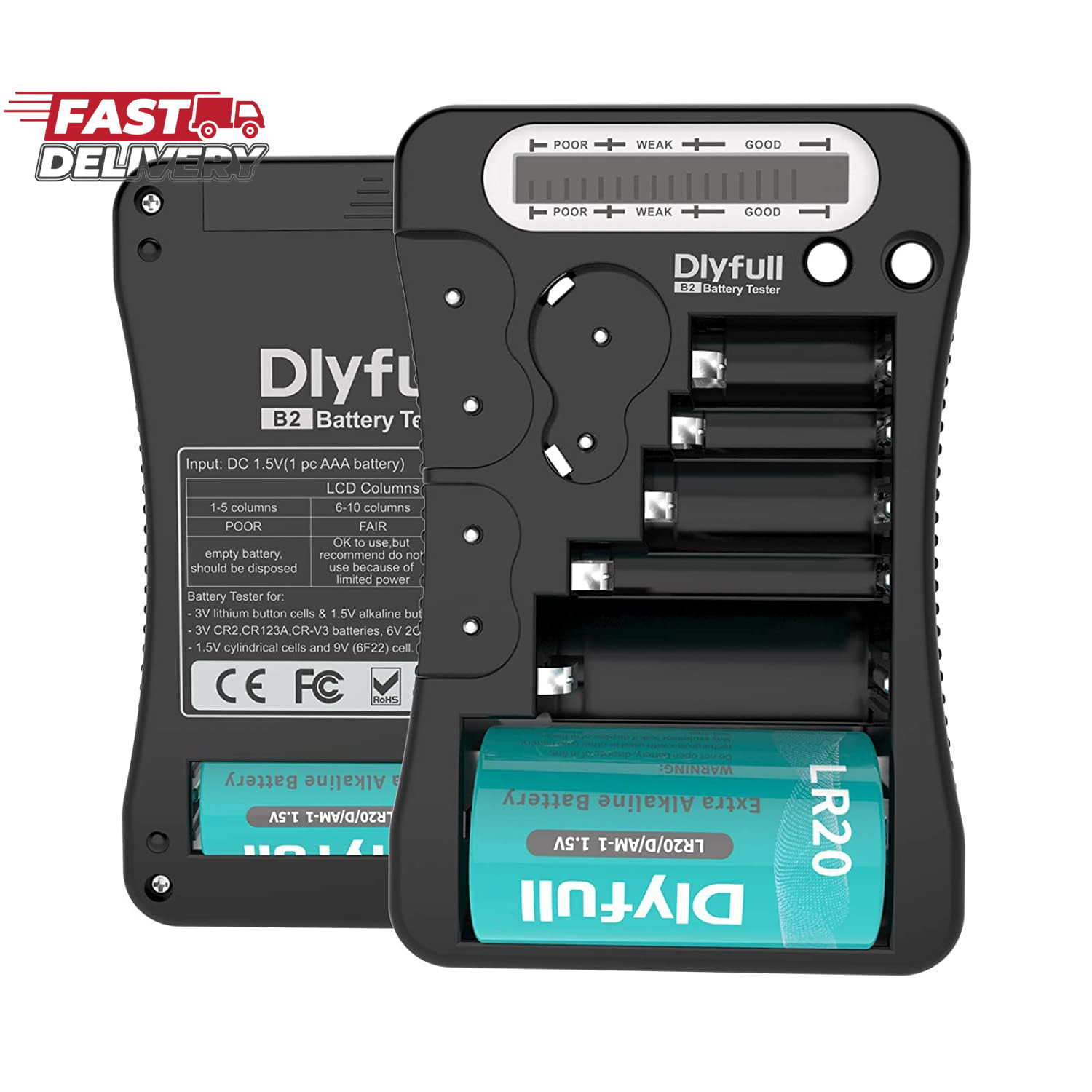 Battery Tester, Dlyfull LCD Display Universal Battery Checker for AA AAA C D 9V