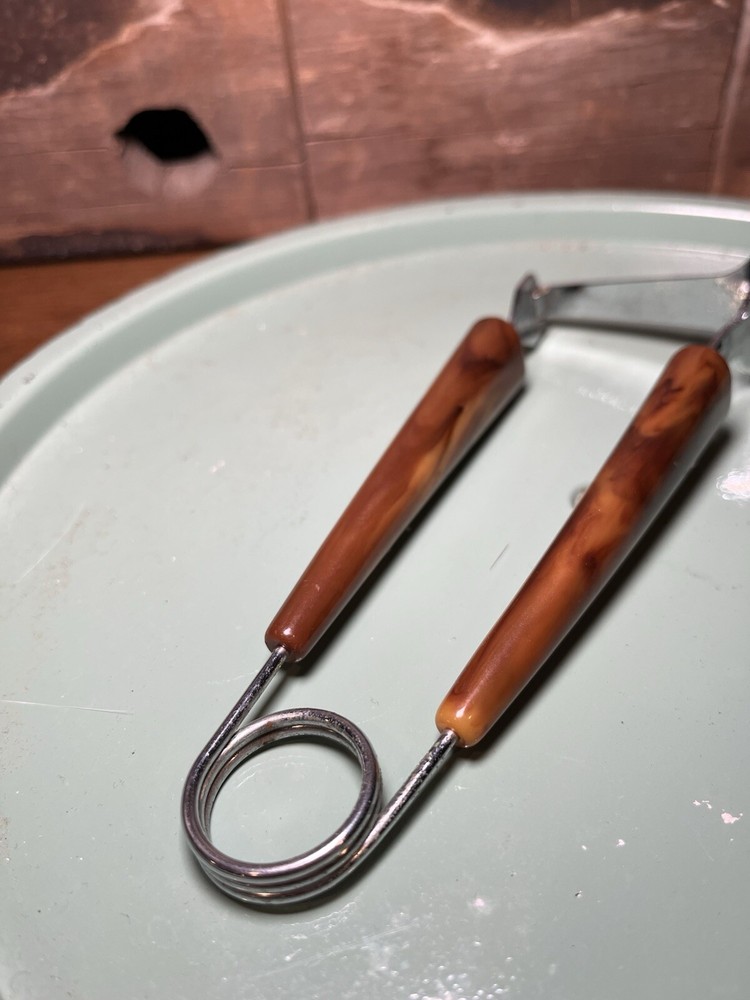 Vintage 50's Marbled Bakelite Handles Meat Serving Fork Pusher Spring Action