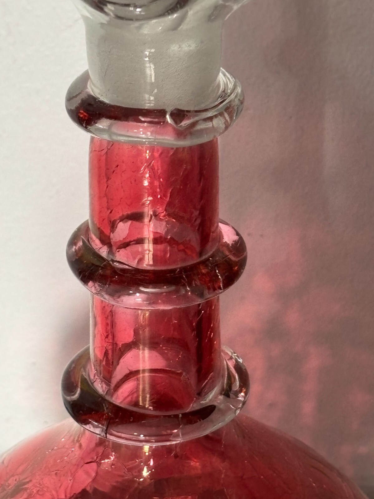 VTG Rainbow Ruffled Glass Crackle Decanter & Stopper Red Clear Rigaree Free Ship